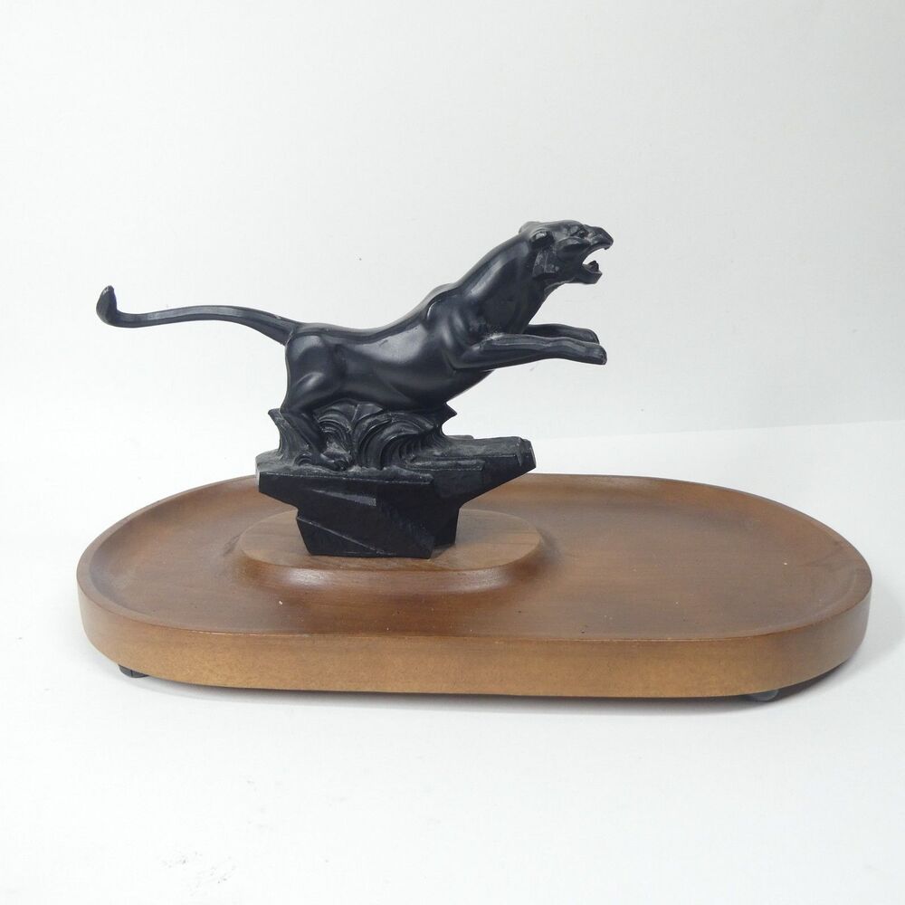 Wooden Tray Panther Sculpture Black Metal Vintage Art Deco